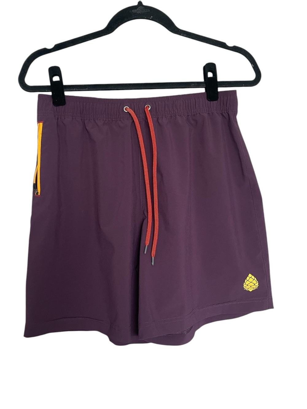 Stio Plum Athletic Shorts with Orange Drawcord and Yellow Accent